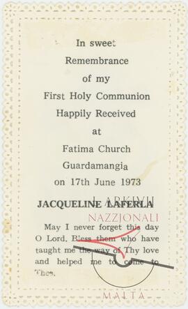 Verso of Holy Communion commemorative card