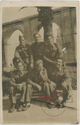 Six young men, including Karmenu, wearing RMAA uniforms, at the Upper Barraka Gardens in Valletta