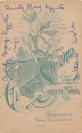 Verso of Mary Pizzuto cabinet card