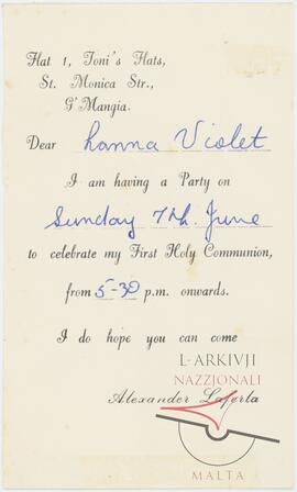 An invitation to a party to celebrate the First Holy Communion of Alexander Laferla