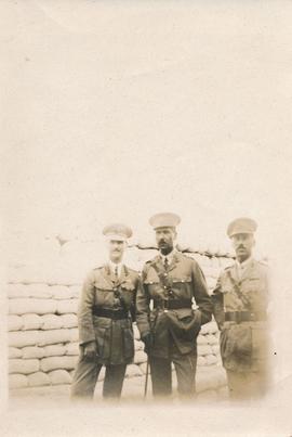 Alfred Joseph Gatt, an unidentified army officer and William Gatt in a trench somewhere on the Allied front