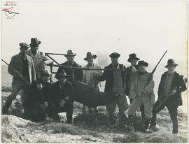 Group photo of actors from the film 'Pulp', 1972.