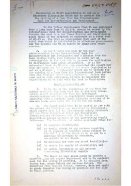 Memorandum on draft Legislation to set up a Statutory Electricity Board and to provide for the raising of a loan from the International Bank for Reconstruction and Development