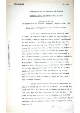 Criminal Code (Amendment) (No 2) Bill.  Revocation of the Administration of Justice (Emergency) Regulations, 1940.  Competence of Magistrates in Criminal Matters