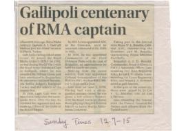 Gallipoli centenary of RMA captain; Sunday Times of Malta