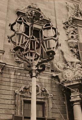Auberge de Castille - detail of model in wood of ornamental lamp-post - designed by Architect Mic...