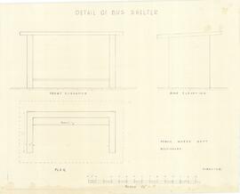 Plan, front elevation and side elevation section of the proposed bus shelter