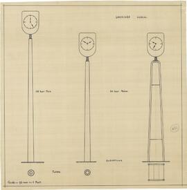 Drawing of Longines clocks - 20 and 25 foot poles - plans and elevation.