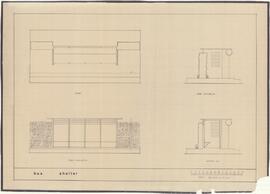 Plan, main and side elevation and section of proposed bus shelter