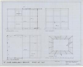 Plan, front and side elevations and internal view of the proposed St. John s Ambulance Brigade, f...