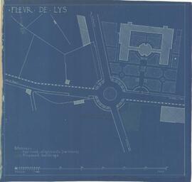Blueprint of plan showing in red the approved alignments, new traffic roundabout and in green lat...