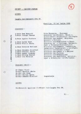 Minutes of Cabinet Meeting held on 11 July 1980