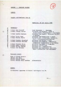Minutes of Cabinet Meeting held on 25 July 1980
