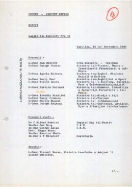 Minutes of Cabinet Meeting held on 12 September 1980