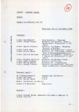 Minutes of Cabinet Meeting held on 15 September 1980