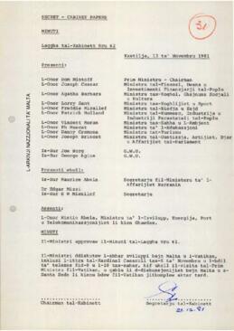 Minutes of Cabinet Meeting held on 13 November 1981
