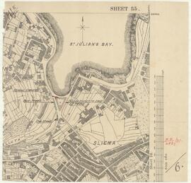 Map of Sliema St Julian s, showing in light red shade, the proposed widening of the street, in gr...