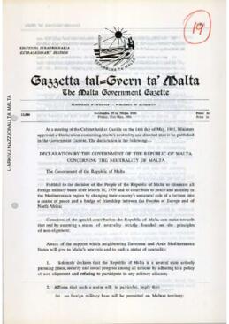 Declaration by the Government of the Republic of Malta concerning the Neutrality of Malta approve...