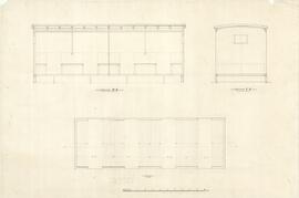 Plan, side section and rear section of the tram carriage.