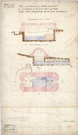 Plan and Sections of a Bath proposed to - be constructed on the front Shore of Bighi - under Nava...