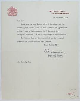 Cancellation letter of the Royal Warrant - 'By Appointment to the Prince of Wales'.