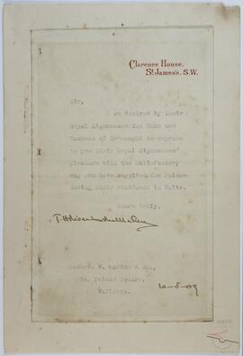 Testimonial letter from Their Royal Highnesses, The Duke and Duchess of Connaught.