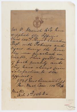 Testimonial letter from Mess President of the 100th Regiment, Royal Canadian Department.