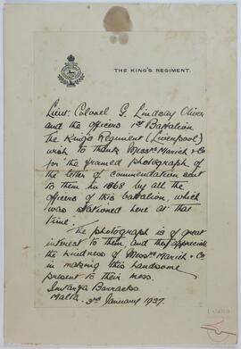 A letter of thanks for a framed photograph of the letter of commendation.