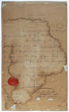 Letter stating permission to display "By appointment to His Royal Highness, the Price of Wales".