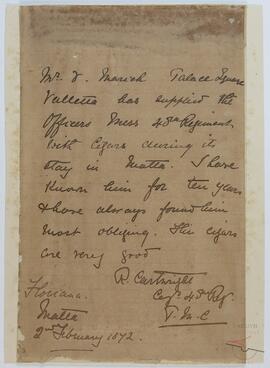 Testimonial letter from the Officers Mess 45th Regiment for the products supplied by V. Marich and Co.