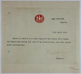 Testimonial letter from Field Marshal, The Right Honourable, The Lord Methuen.