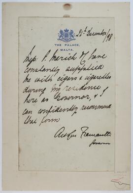 Testimonial letter from Sir Arthur Fremantle, Governor of Malta.