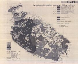 Map of Malta showing a survey of Agriculture, afforestation, quarrying, fishing harbours