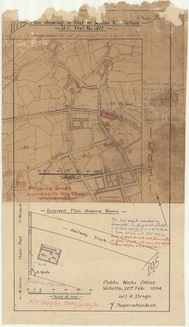 Plan showing in red the new Misida railway station - proposed to be granted on short lease. Includes an enlarged plan showing rooms.